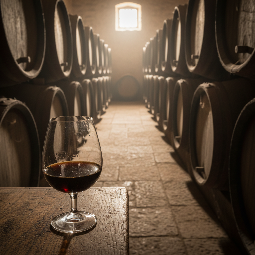 Taça de vinho Pedro Ximénez escuro e viscoso em uma adega tradicional, com barris de carvalho ao fundo.