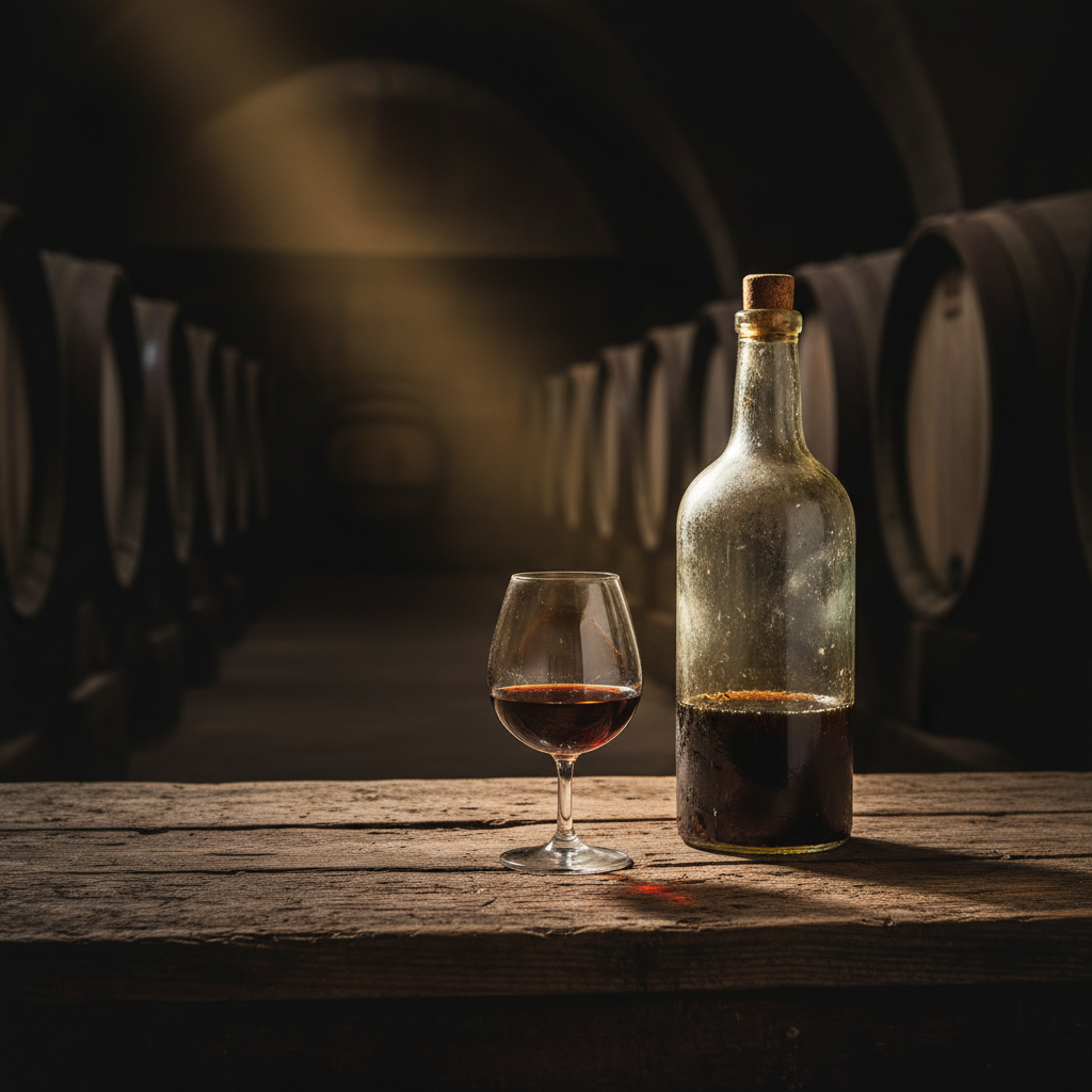 Garrafa e taça de vinho Pedro Ximénez envelhecido em uma adega escura com barris de carvalho ao fundo, simbolizando seu potencial de guarda.