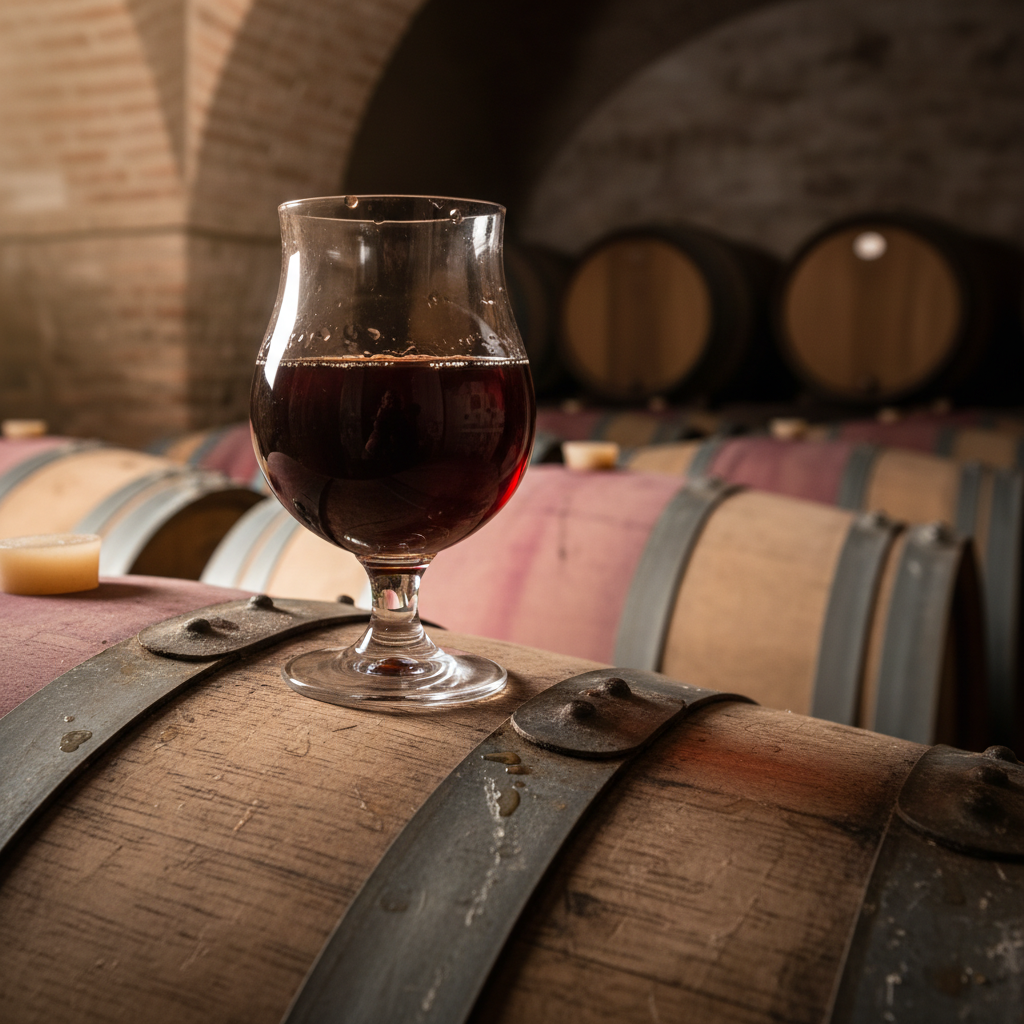 Uma taça de vinho doce escuro e licoroso, possivelmente Pedro Ximénez, sobre um barril de carvalho antigo em uma adega tradicional espanhola.
