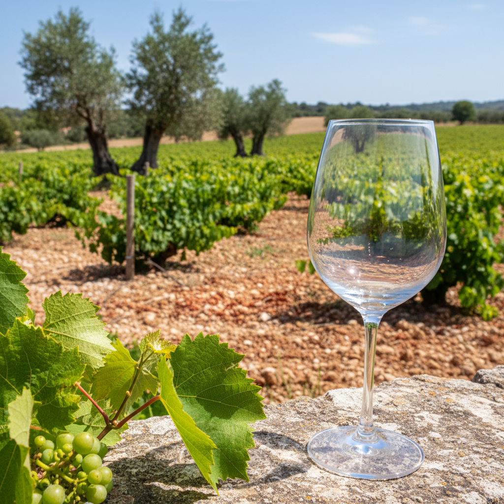 Vinhedo de Xarel-lo em Penedès, Catalunha, com destaque para o solo e um copo de vinho vazio refletindo a paisagem.