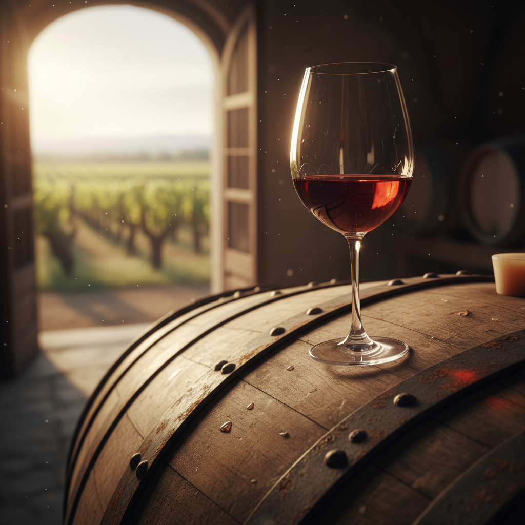 Taça de vinho tinto ou rosé pálido sobre um barril de madeira rústico em uma adega iluminada, com vinhedos verdejantes ao fundo.