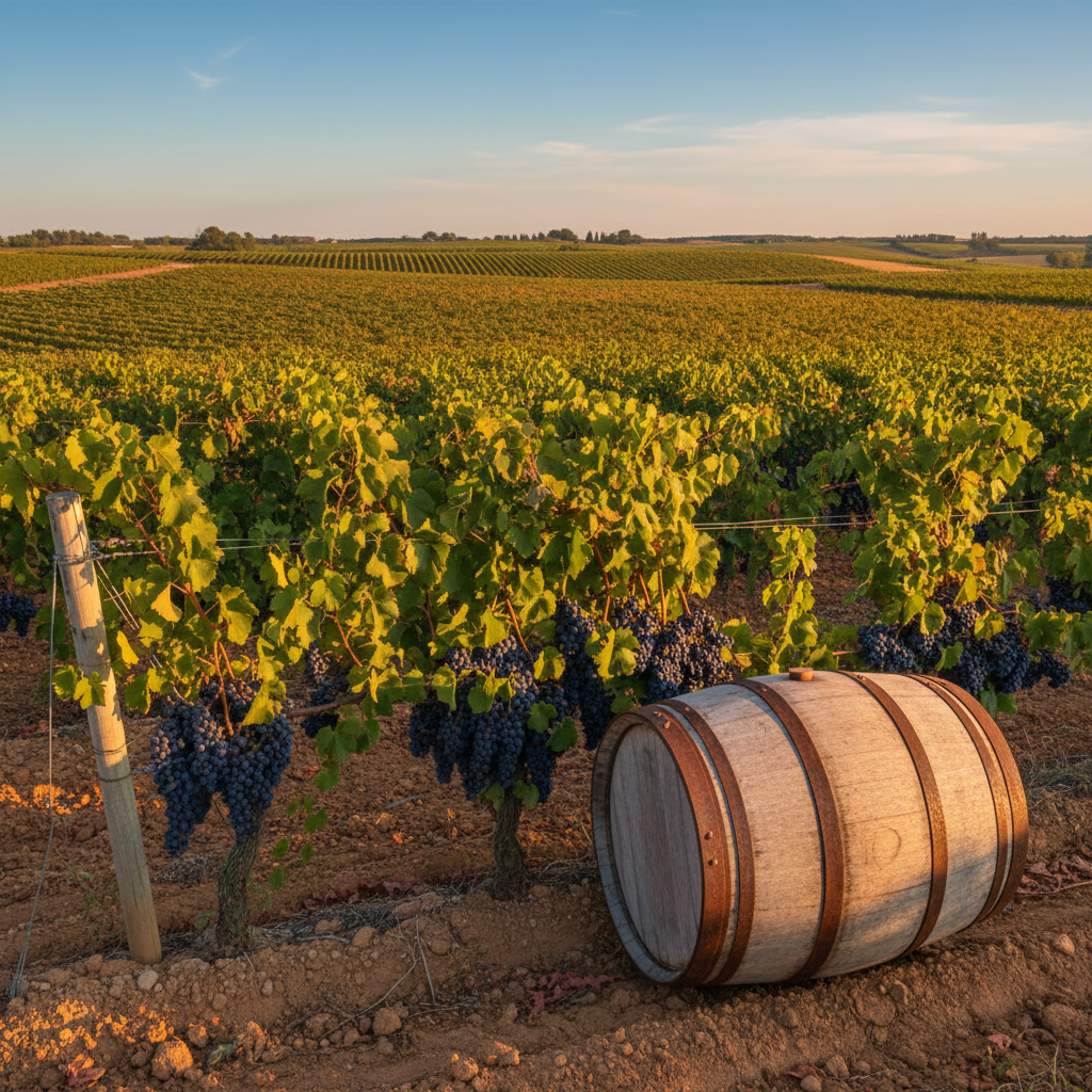 Vinhedo de Picpoul Noir no Languedoc, mostrando uvas maduras e um barril de vinho, sob a luz dourada do sol.