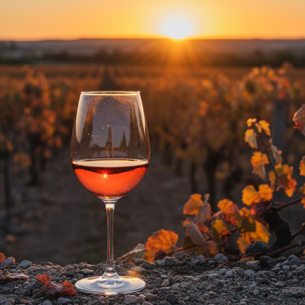 Taça de vinho tinto Picpoul Noir em um vinhedo ensolarado da região de Languedoc-Roussillon