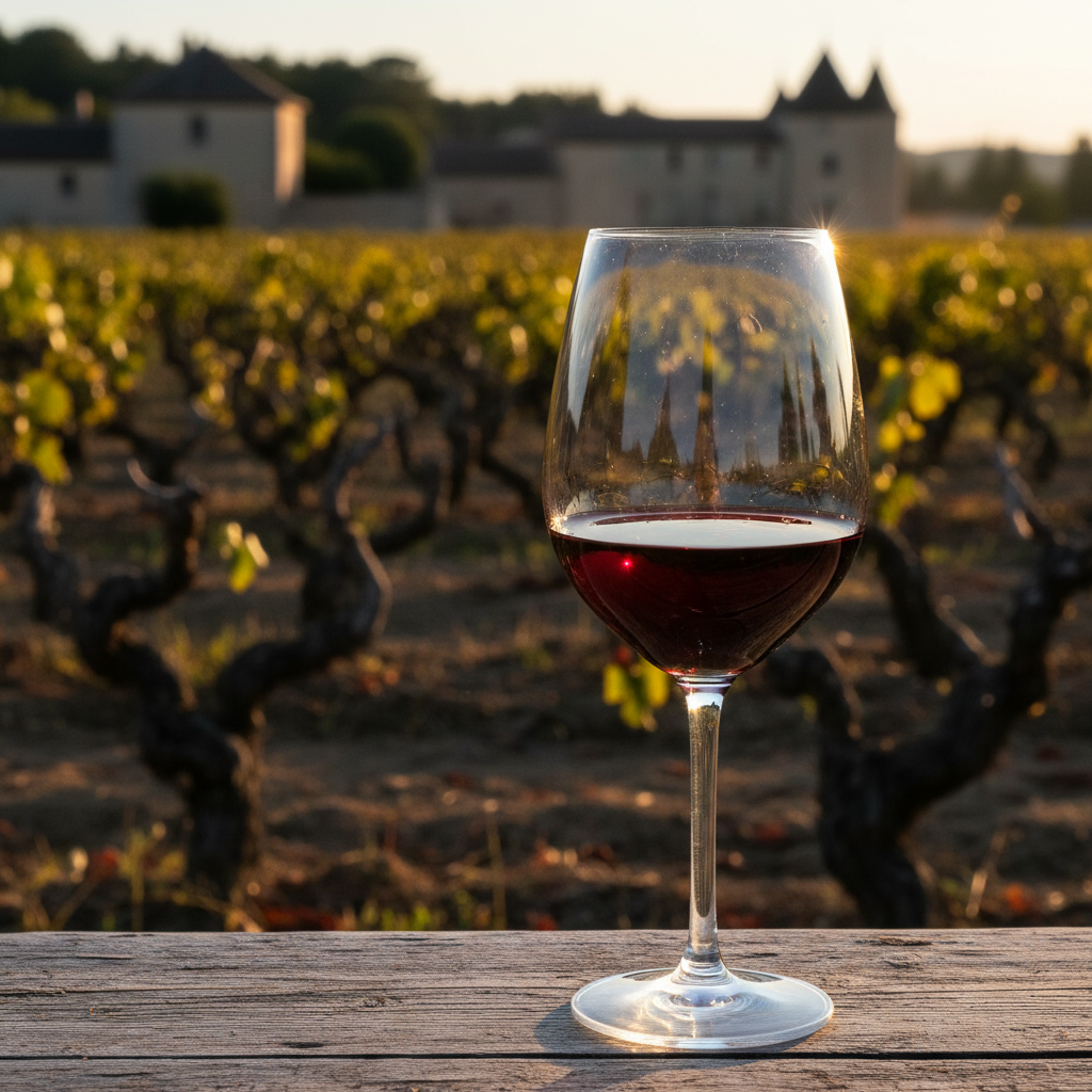 Taça de vinho tinto com vinhedo histórico de Picpoul Noir ao fundo sob o sol da tarde na França.