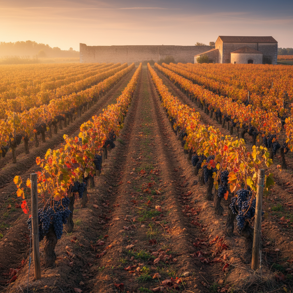 Vinhedo de Picpoul Noir na região do Languedoc ao pôr do sol, com cachos de uvas escuras e maduras.