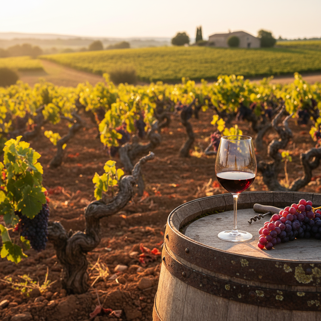 Vinhedo de Picpoul Noir no Languedoc-Roussillon, França, sob a luz do pôr do sol, com uma taça de vinho tinto profundo apoiada em um barril de carvalho rústico.