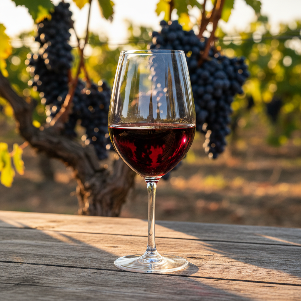 Taça de vinho tinto Picpoul Noir em destaque sobre uma mesa de madeira, com um vinhedo ensolarado e cachos de uvas escuras desfocados ao fundo, transmitindo uma atmosfera rústica e elegante.