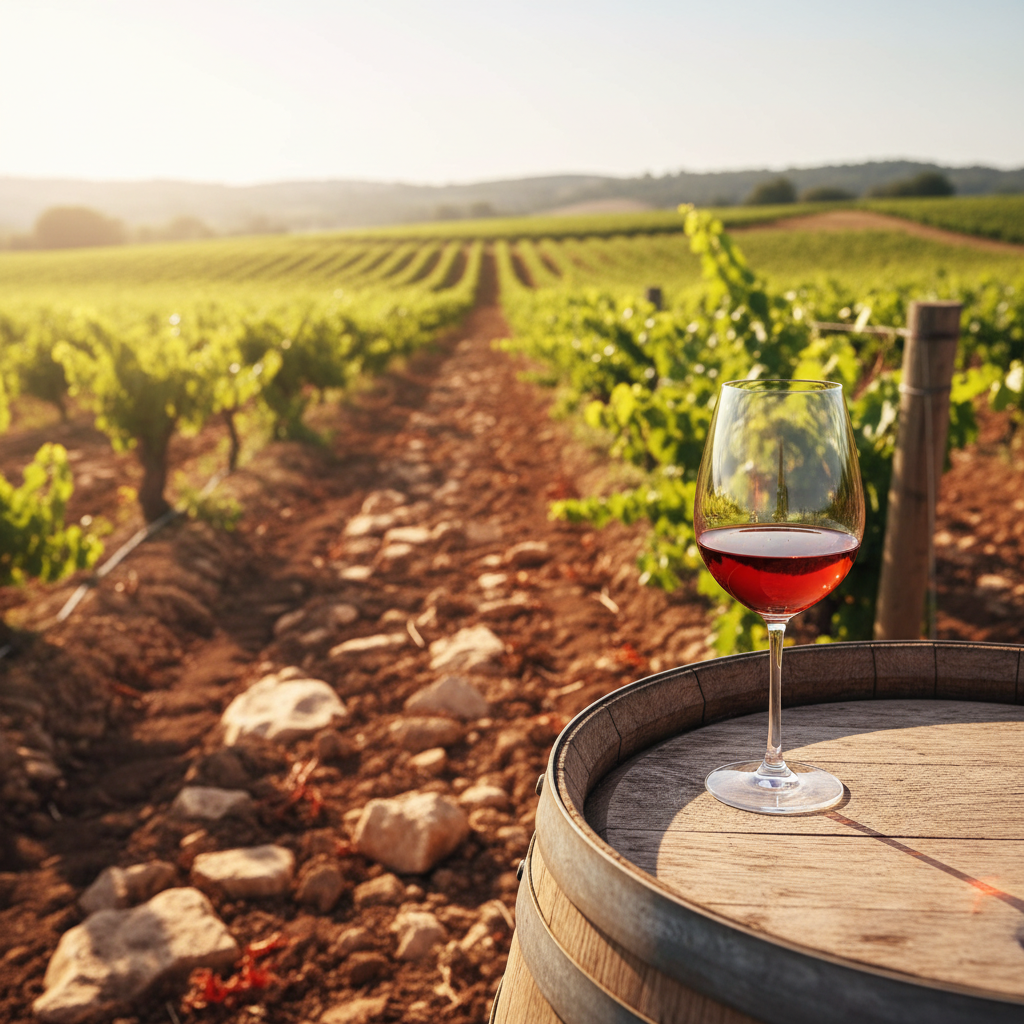 Vinhedo de Picpoul Noir com solo rochoso e argiloso em destaque, um cálice de vinho tinto repousa sobre um barril de madeira, simbolizando a influência do terroir.