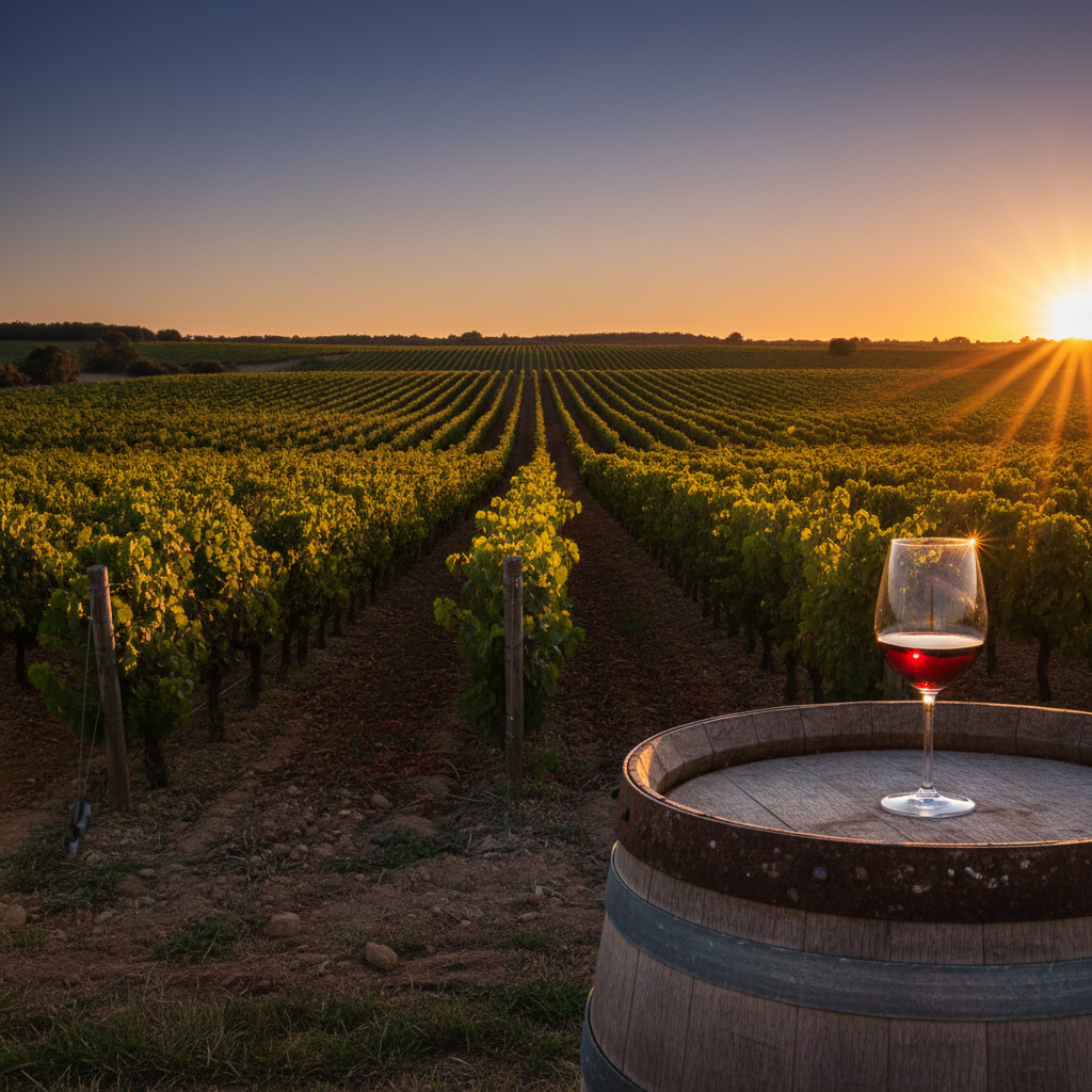 Vinhedo de Picpoul Noir na região de Languedoc-Roussillon, França, ao pôr do sol, com uvas escuras e taça de vinho refletindo a luz em um barril.