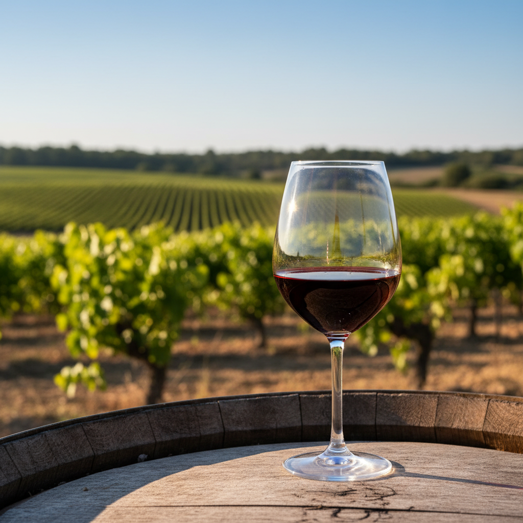 Taça elegante com vinho tinto de coloração rubi intensa, repousando sobre um barril de carvalho em um vinhedo exuberante sob o sol, evocando a singularidade da uva Picpoul Noir.
