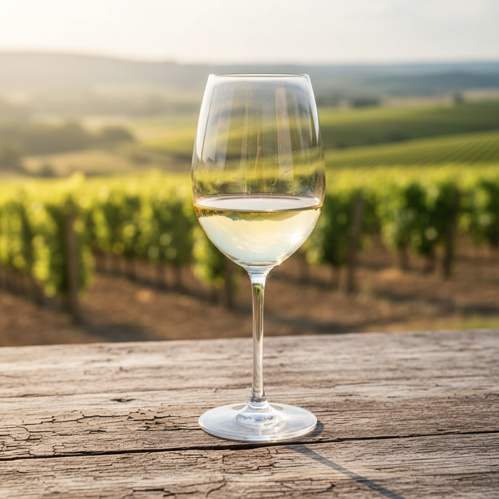 Taça elegante de vinho Pinot Blanc com sua coloração amarelo-claro brilhante, repousando sobre uma mesa de madeira rústica, com um vinhedo iluminado pelo sol em segundo plano.