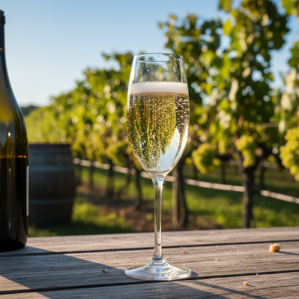 Taça elegante de Pinot Blanc espumante com borbulhas delicadas, posicionada em uma mesa de madeira rústica, com um vinhedo verdejante e iluminado pelo sol ao fundo.