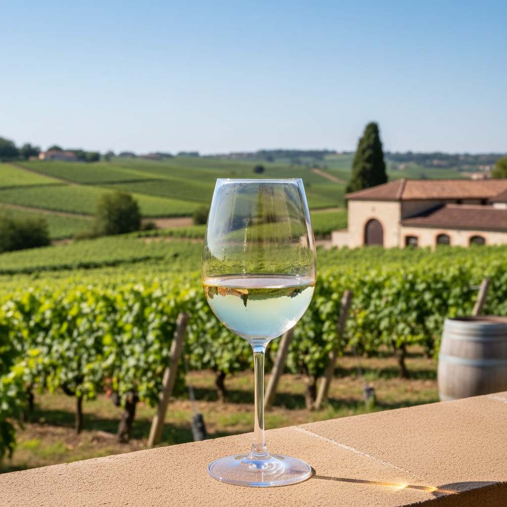 Taça de vinho branco Pinot Blanc em primeiro plano, com vinhedos exuberantes da uva Pinot Blanc se estendendo sob o sol em uma região produtora europeia, com um barril de carvalho sutilmente visível ao fundo.