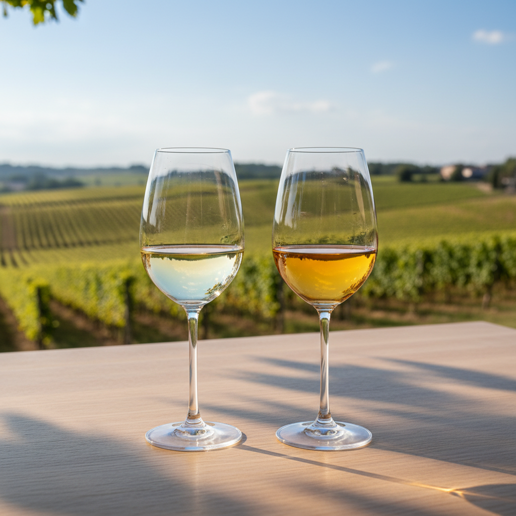 Duas taças de vinho branco com tonalidades diferentes, em uma mesa de madeira com vista para um vinhedo europeu ensolarado, simbolizando a comparação entre Pinot Blanc e Pinot Grigio.