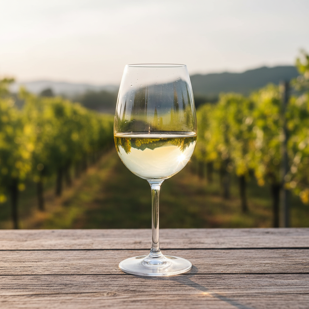 Taça de vinho branco Pinot Grigio sobre mesa de madeira rústica em vinhedo ensolarado, transmitindo frescor e leveza.