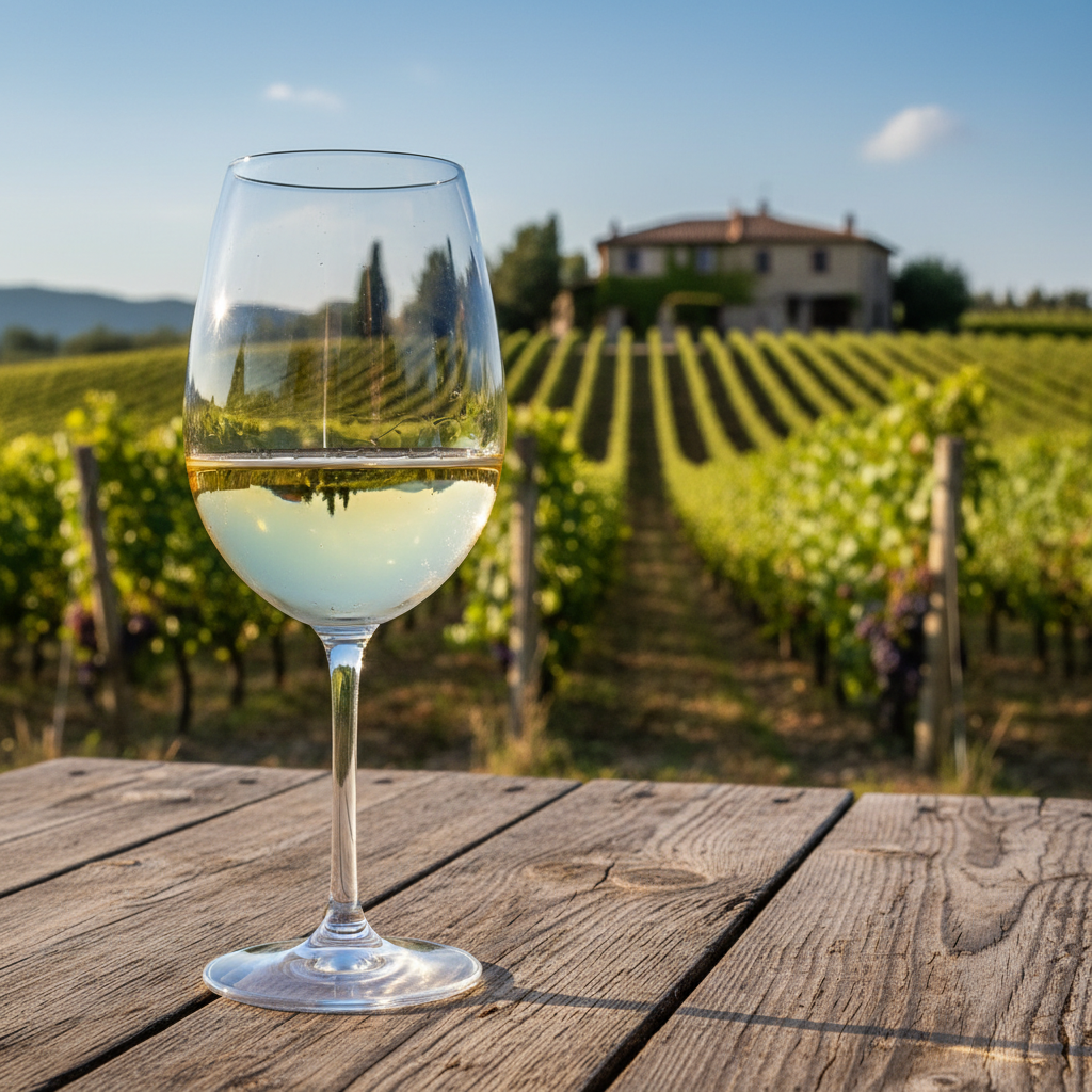 Taça de vinho Pinot Grigio de tonalidade clara sobre uma mesa de madeira, com um vinhedo europeu desfocado ao fundo.