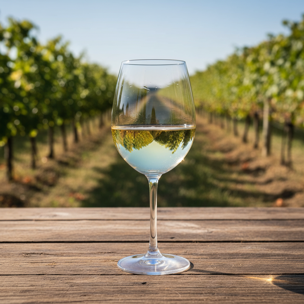 Taça de vinho Pinot Grigio sobre mesa de madeira com vinhedo ensolarado ao fundo.