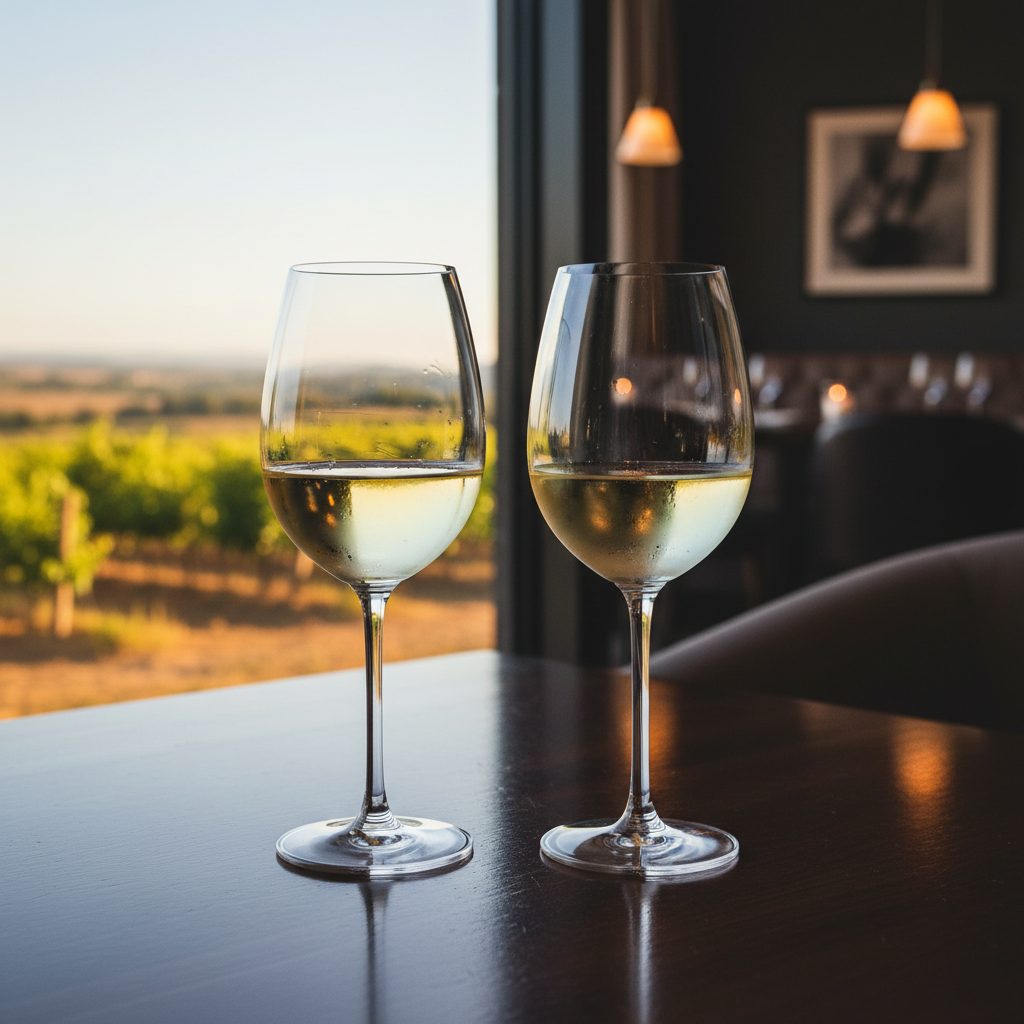 Duas taças de vinho branco, uma de Pinot Grigio e outra de Sauvignon Blanc, em cenários que representam diferentes ocasiões de consumo, como um vinhedo ensolarado e um restaurante sofisticado.