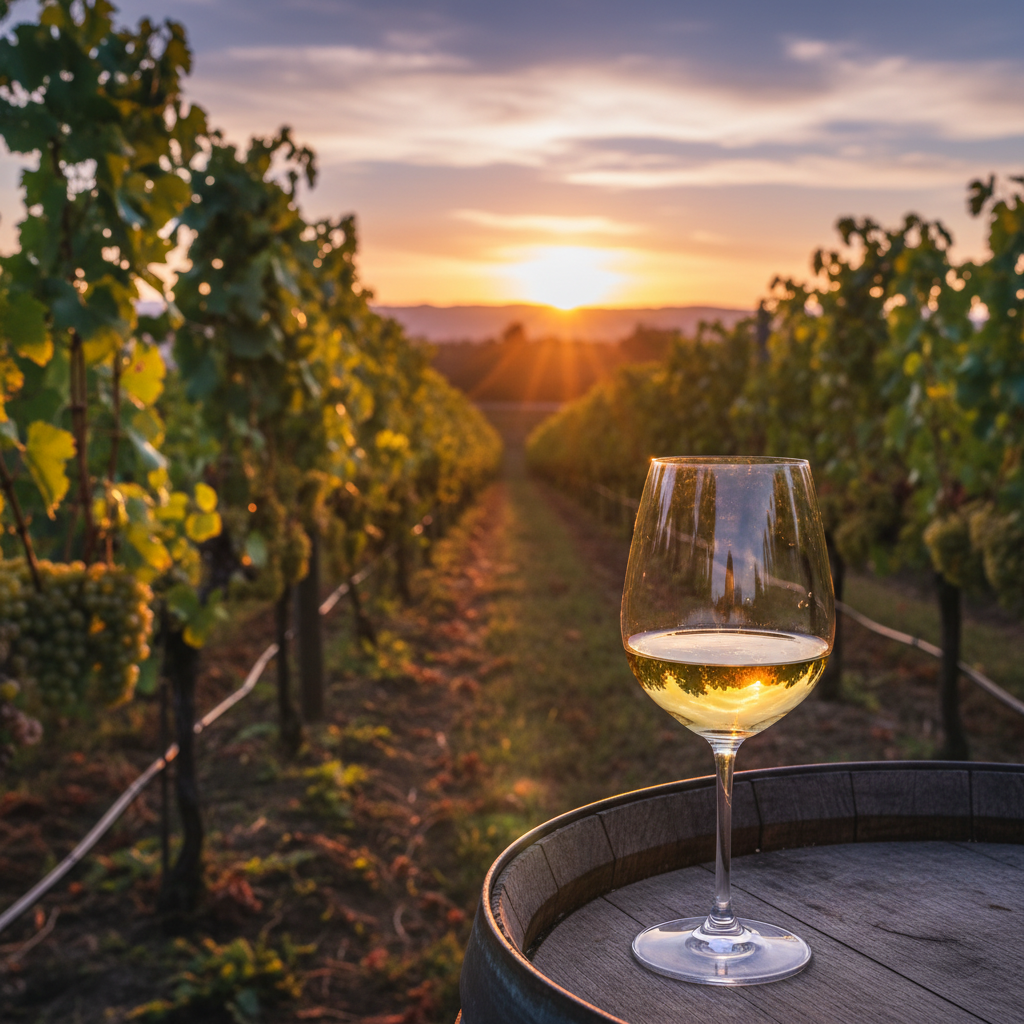Vinhedo de Pinot Gris na Alsácia ao pôr do sol, com uma taça de vinho dourado em primeiro plano, simbolizando a diversidade e beleza da uva fora da Itália.