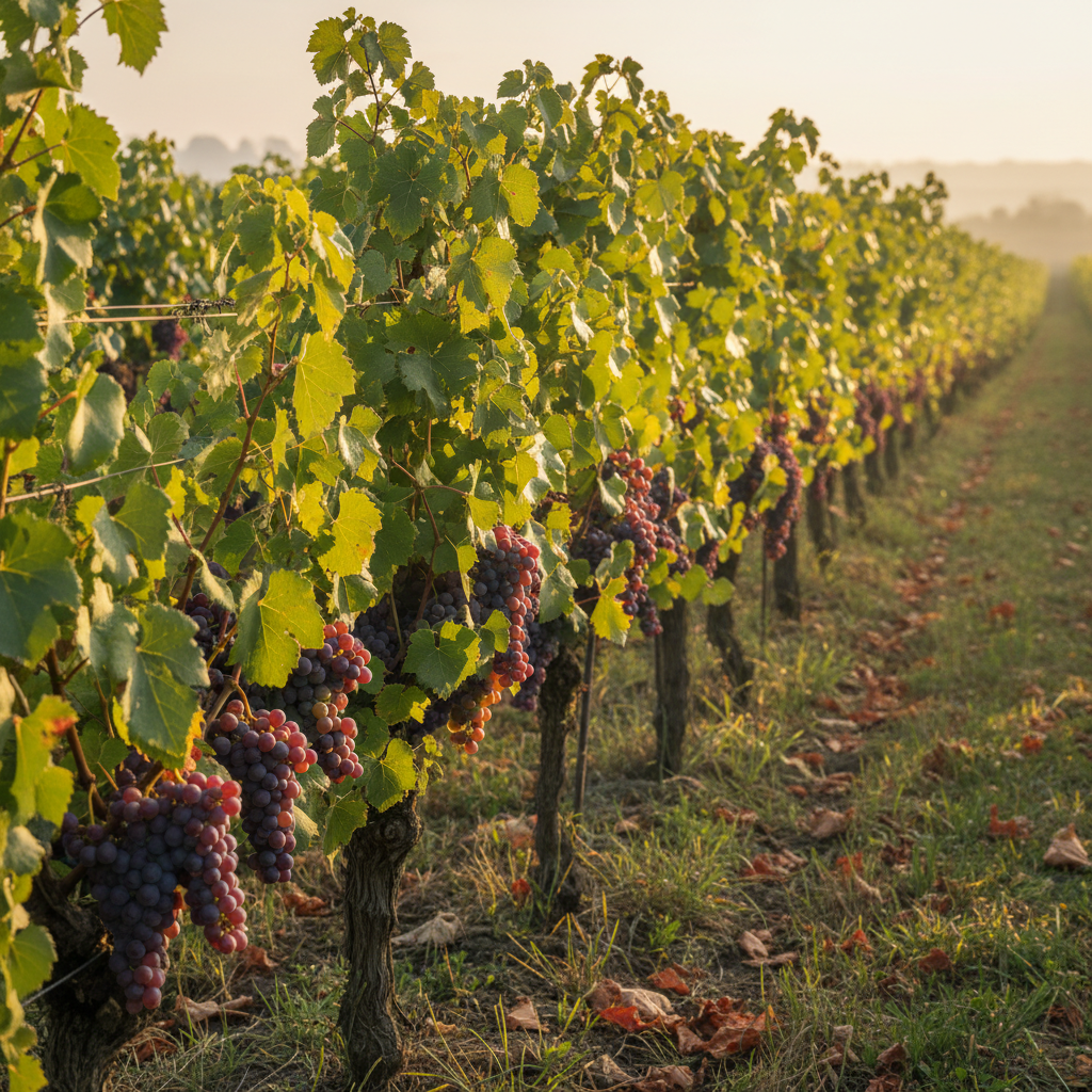 Vinhedo de Pinot Meunier ao pôr do sol, com uvas maduras prontas para a colheita, simbolizando a origem e o futuro desta casta.