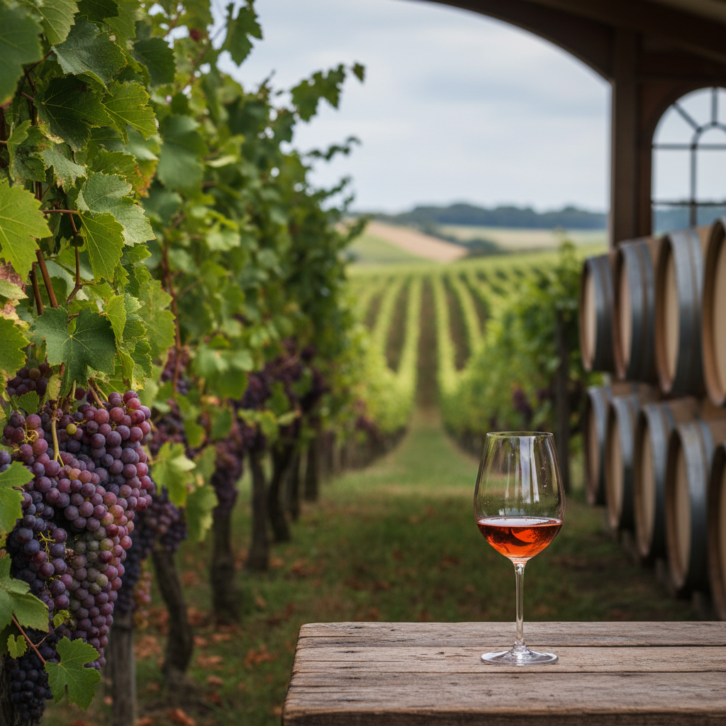 Uvas Pinot Meunier maduras em um vinhedo ao pôr do sol, com uma taça de vinho tinto tranquilo em uma mesa de madeira e barris de carvalho ao fundo.