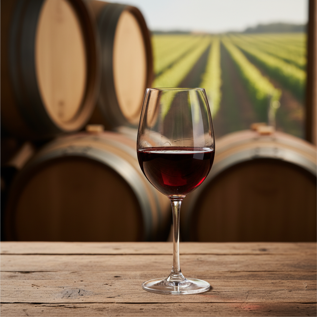 Taça de vinho tinto Pinot Meunier em mesa rústica, com vinhedo ou adega ao fundo.