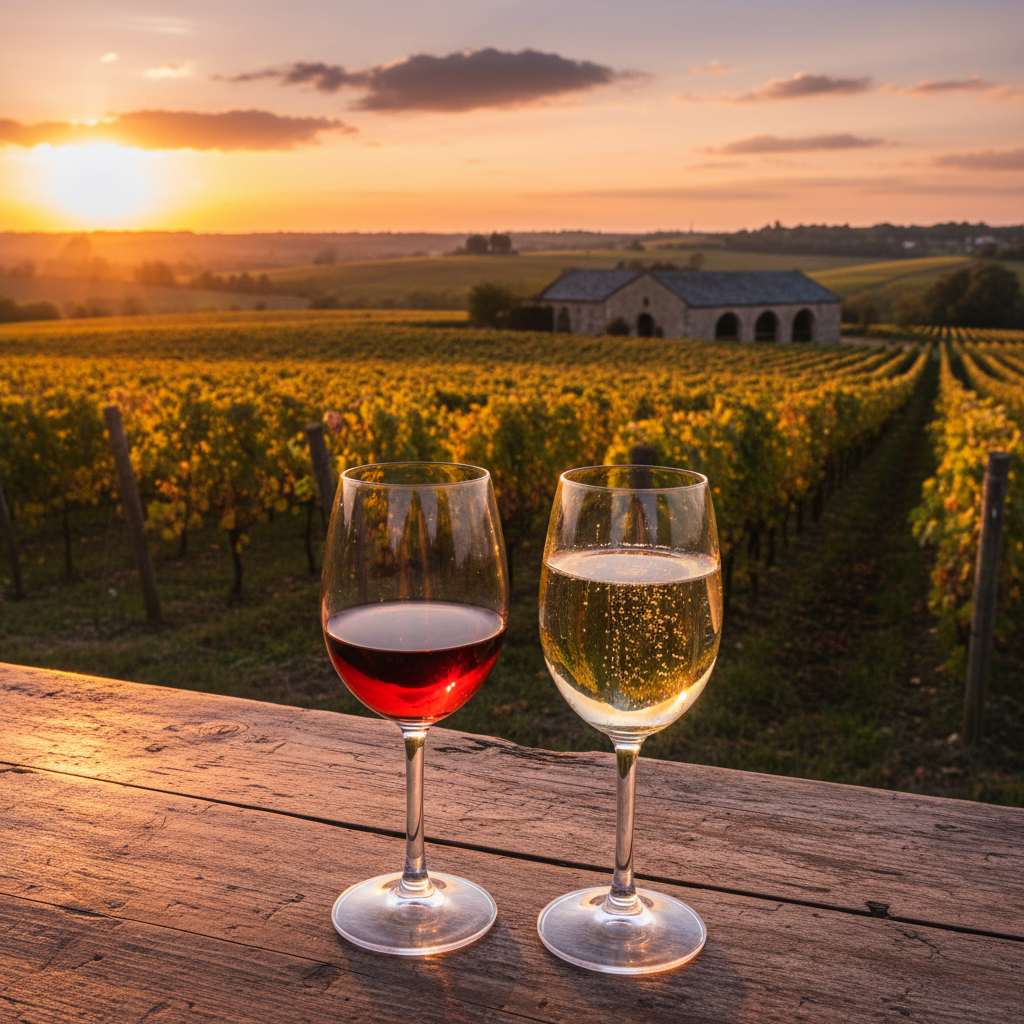 Duas taças de vinho, uma com vinho tinto e outra com vinho espumante, em uma mesa de madeira rústica, com um vinhedo francês ao pôr do sol ao fundo.
