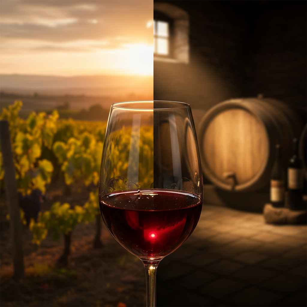 Uma taça elegante de vinho Pinot Noir com reflexos brilhantes, em um ambiente de adega com barris de carvalho ou vinhedo ao fundo.