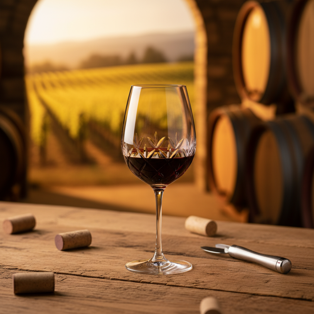 Taça de vinho tinto Pinot Noir sobre mesa de madeira rústica, com um vinhedo ensolarado ao fundo, transmitindo uma atmosfera acolhedora de degustação.