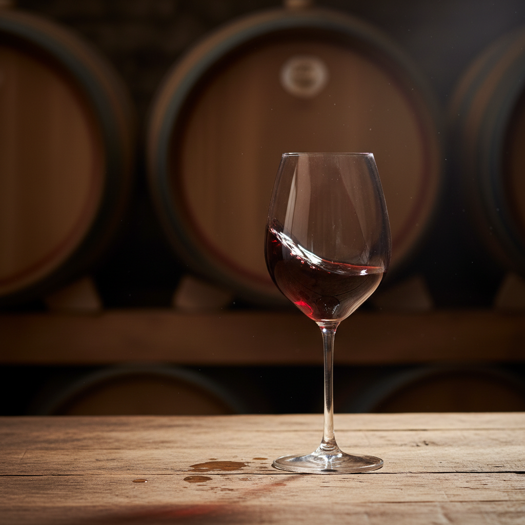 Taça de vinho Pinot Noir em adega rústica com barris ao fundo, destacando a cor vibrante do vinho.