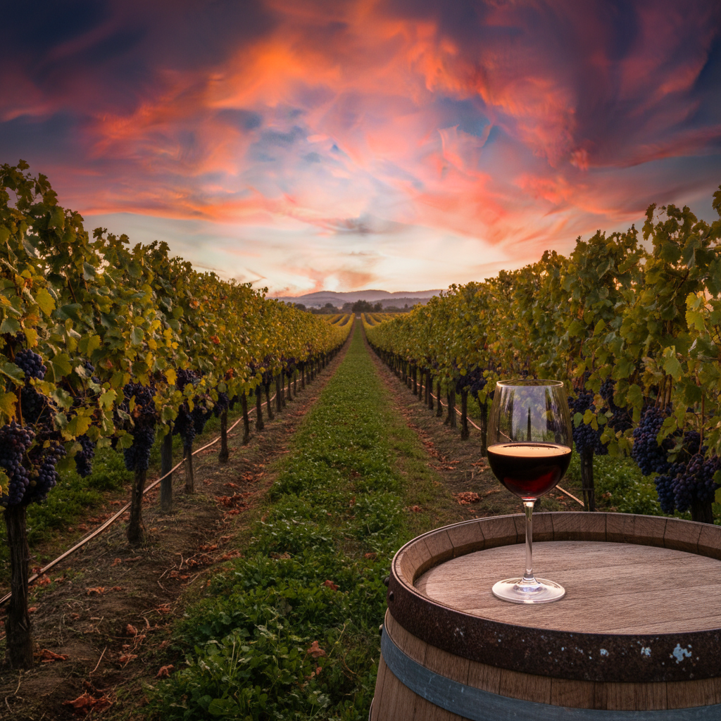 Vinhedo exuberante ao pôr do sol, com um cálice de vinho tinto repousando sobre um barril de carvalho, simbolizando a expansão global da uva Pinotage.