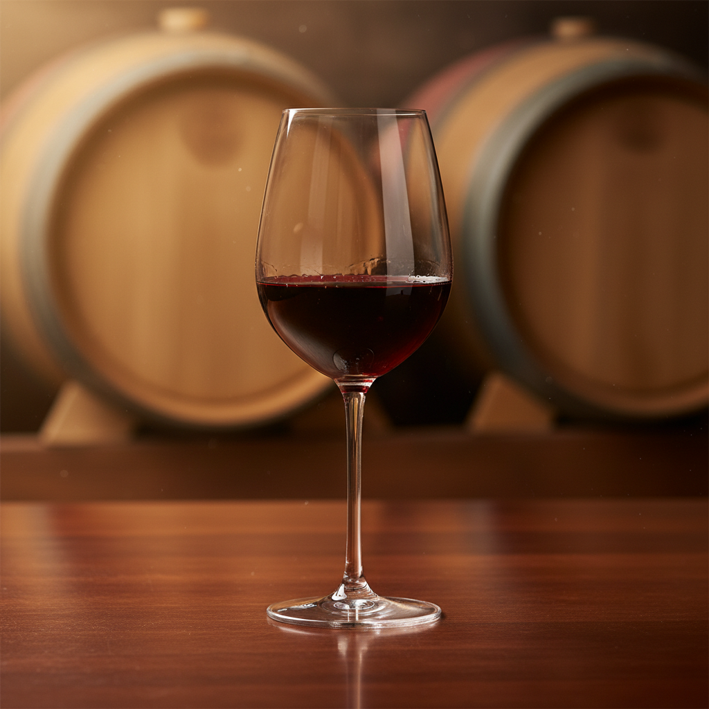 Taça de vinho tinto Pinotage sobre mesa de madeira, com barris de carvalho desfocados ao fundo em uma adega.