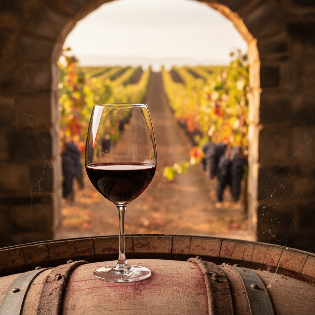 Taça de vinho Pinotage tinto sobre barril de madeira em adega, com vinhedo de Pinotage ao fundo.