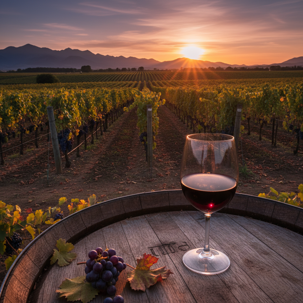 Taça de vinho tinto Pinotage sobre um barril de carvalho em um vinhedo sul-africano ao pôr do sol.