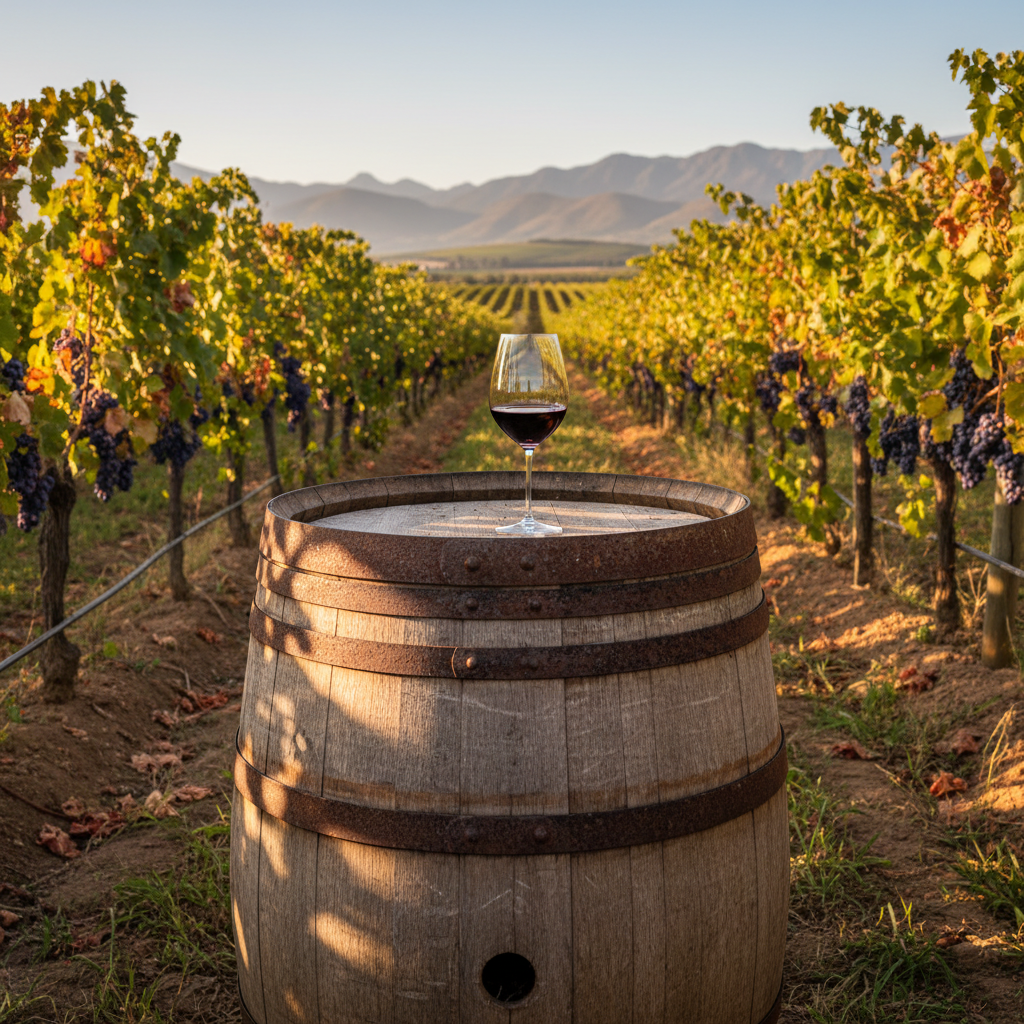 Taça de vinho tinto Pinotage sobre barril de carvalho em vinhedo sul-africano ao pôr do sol.