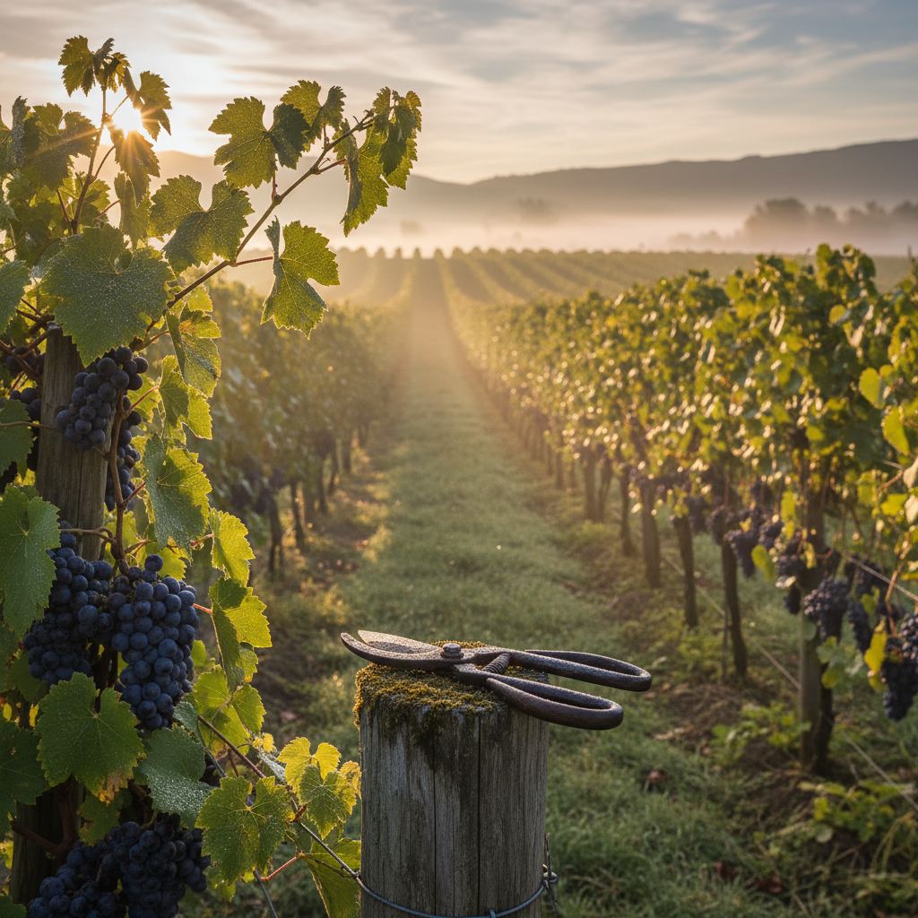 Vinhedo de uvas Isabella ao amanhecer, com ferramentas de poda, simbolizando o cuidado e cultivo.