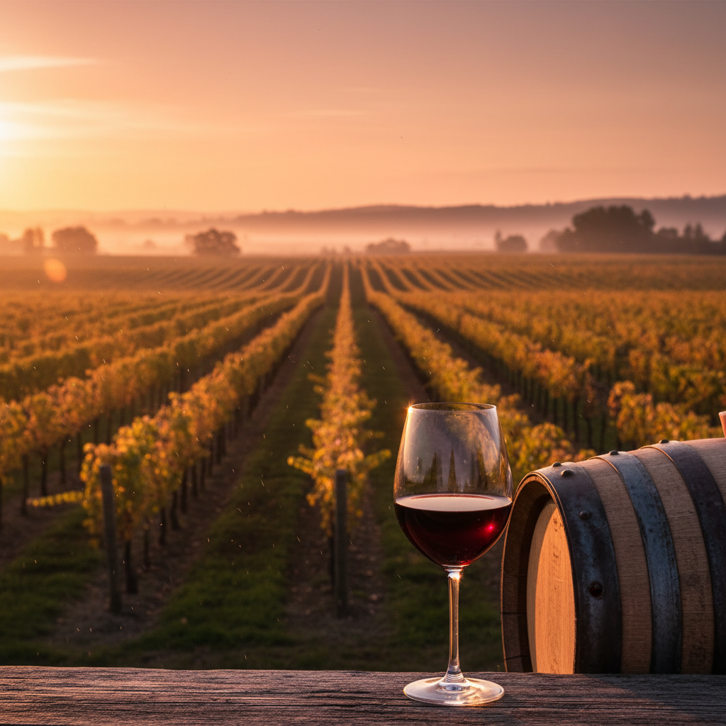 Taça de vinho tinto em primeiro plano, com um vinhedo exuberante ao pôr do sol e um barril de madeira ao fundo, simbolizando a jornada da uva Primitivo e Zinfandel.
