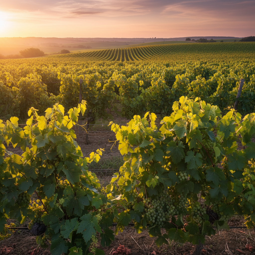 Vinhedo exuberante com videiras saudáveis e cachos de uvas verdes em desenvolvimento, banhado pela luz dourada do sol ao entardecer.