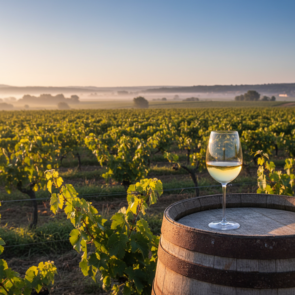 Vinhedo de Verdejo em Rueda ao amanhecer, com um copo de vinho Verdejo sobre um barril de madeira, simbolizando a jornada da uva.