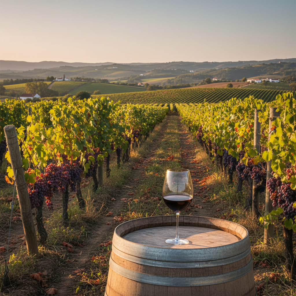 Vinhedo de uvas Castelão em Portugal durante o pôr do sol, com um barril de vinho rústico e uma taça de vinho tinto. A paisagem transmite a riqueza da viticultura portuguesa.