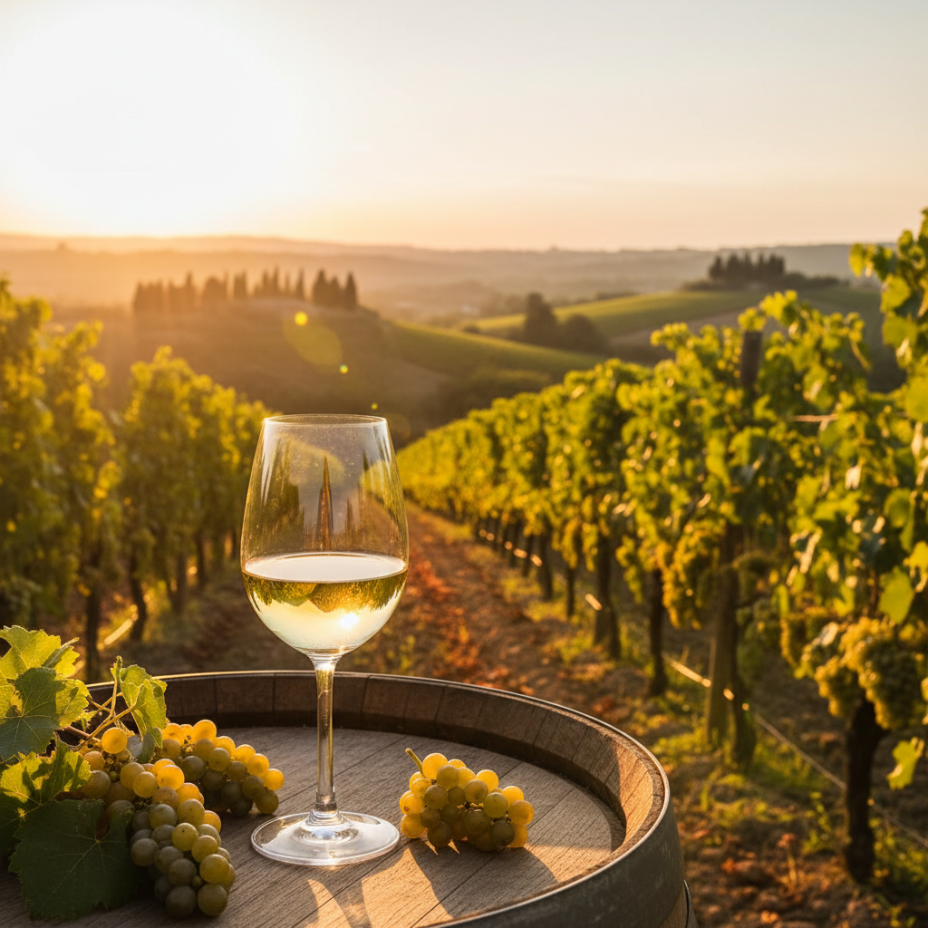 Vinhedo ensolarado de Verdicchio na região de Marches, Itália, com uma taça de vinho Verdicchio em primeiro plano.