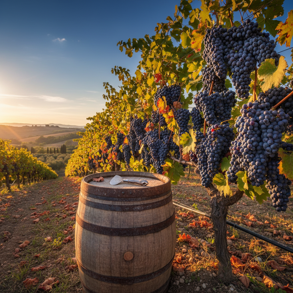 Vinhedo com uvas Primitivo/Zinfandel maduras e um barril de carvalho ao pôr do sol, simbolizando a riqueza dos terroirs de Puglia e Califórnia.