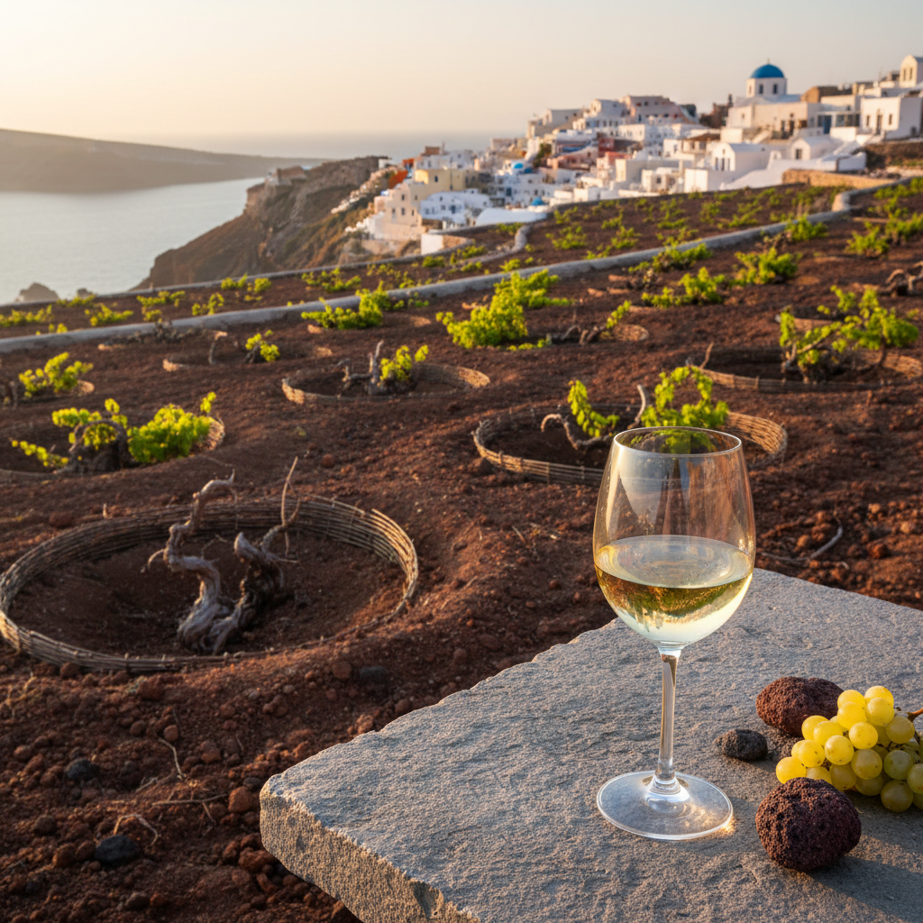 Taça de vinho branco em uma mesa de pedra com vista para os vinhedos vulcânicos de Santorini e o mar Egeu.