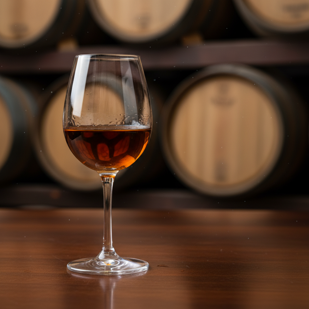 Taça de vinho Pedro Ximénez com cor âmbar profunda, em um ambiente de adega tradicional espanhola com barris de carvalho.