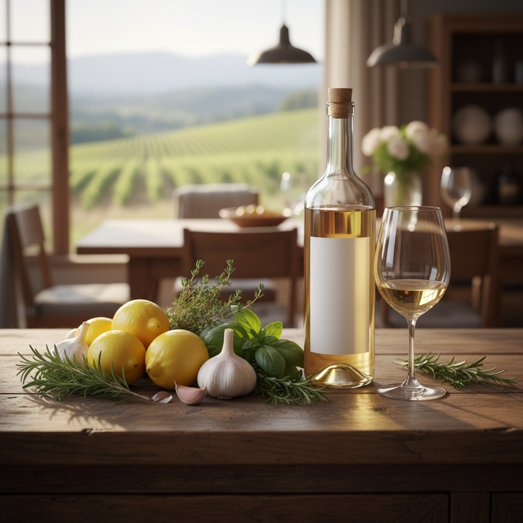 Mesa de cozinha rústica com ingredientes frescos, uma garrafa de Pinot Grigio e uma taça de vinho, sugerindo a preparação de receitas criativas e saborosas.