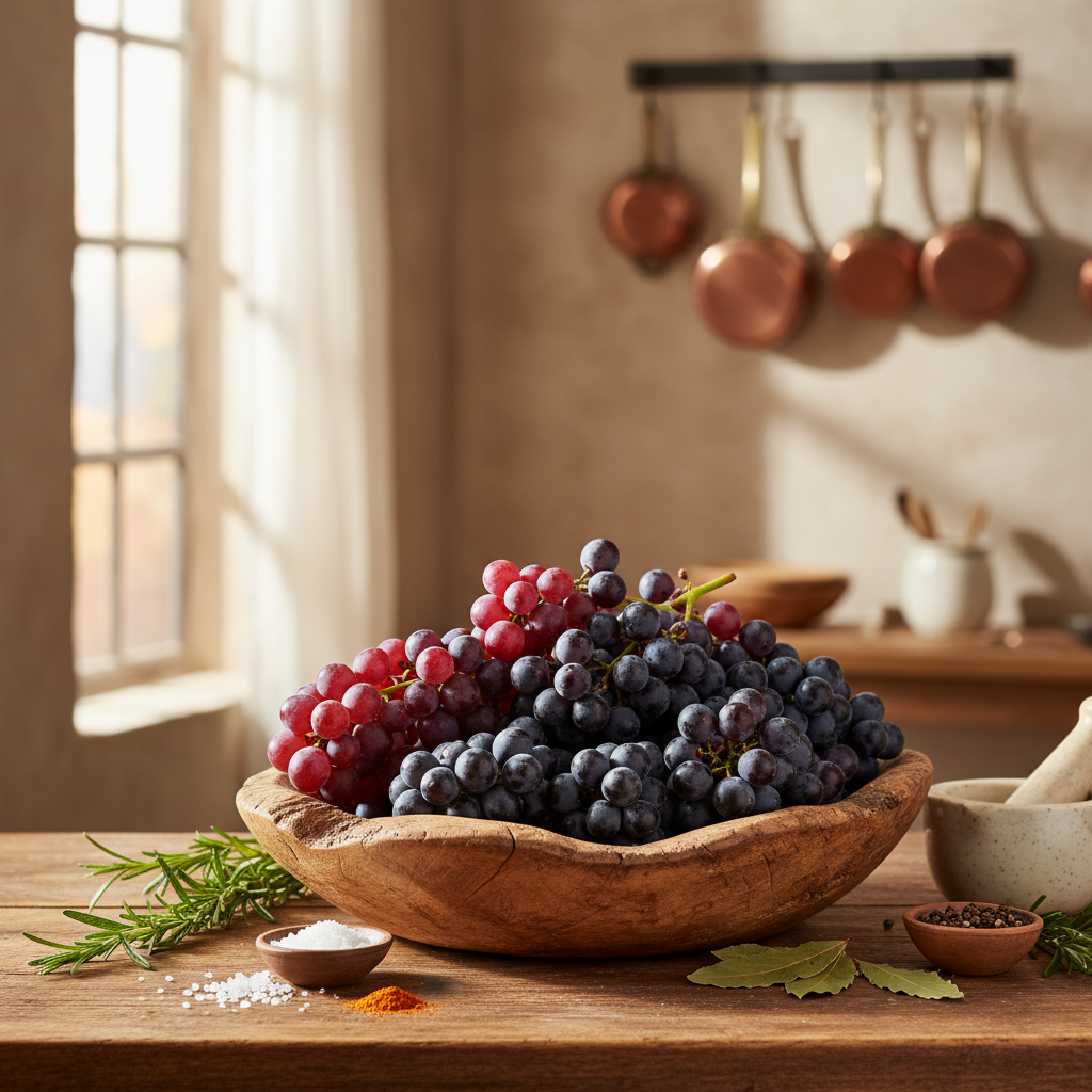 Bancada de cozinha rústica com uma tigela de uvas Blauer Portugieser frescas e vibrantes, com alguns ingredientes culinários ao redor, sob luz natural.