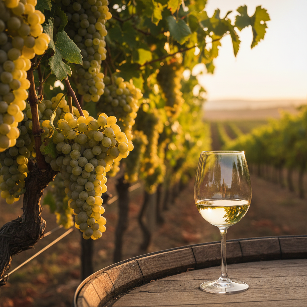 Uvas Emir frescas penduradas em um vinhedo, com uma taça de vinho elegante sobre um barril de carvalho em primeiro plano, sob a luz dourada do pôr do sol.