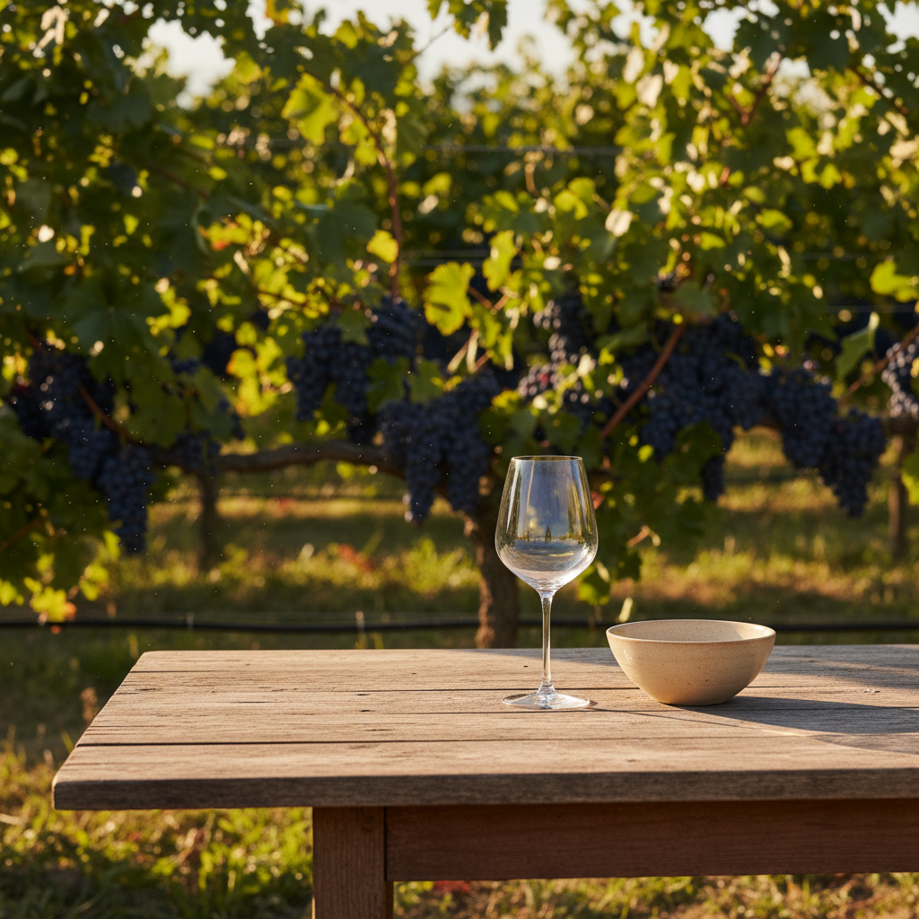 Mesa rústica em vinhedo com taça de vinho vazia e tigela simples, simbolizando a colheita e o potencial culinário da uva Jacquez.
