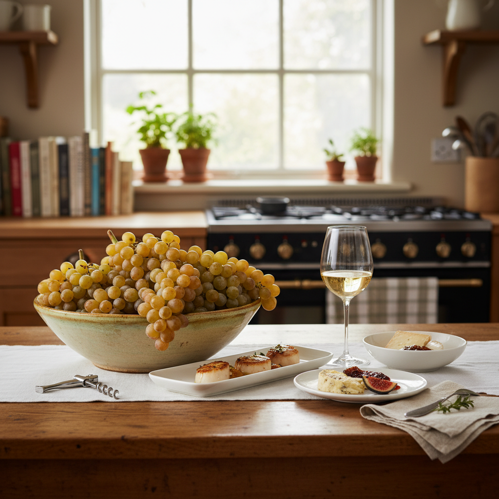 Cacho de uvas Muscat of Alexandria frescas em uma mesa elegante, com taça de vinho e louças, sugerindo receitas gourmet para impressionar.