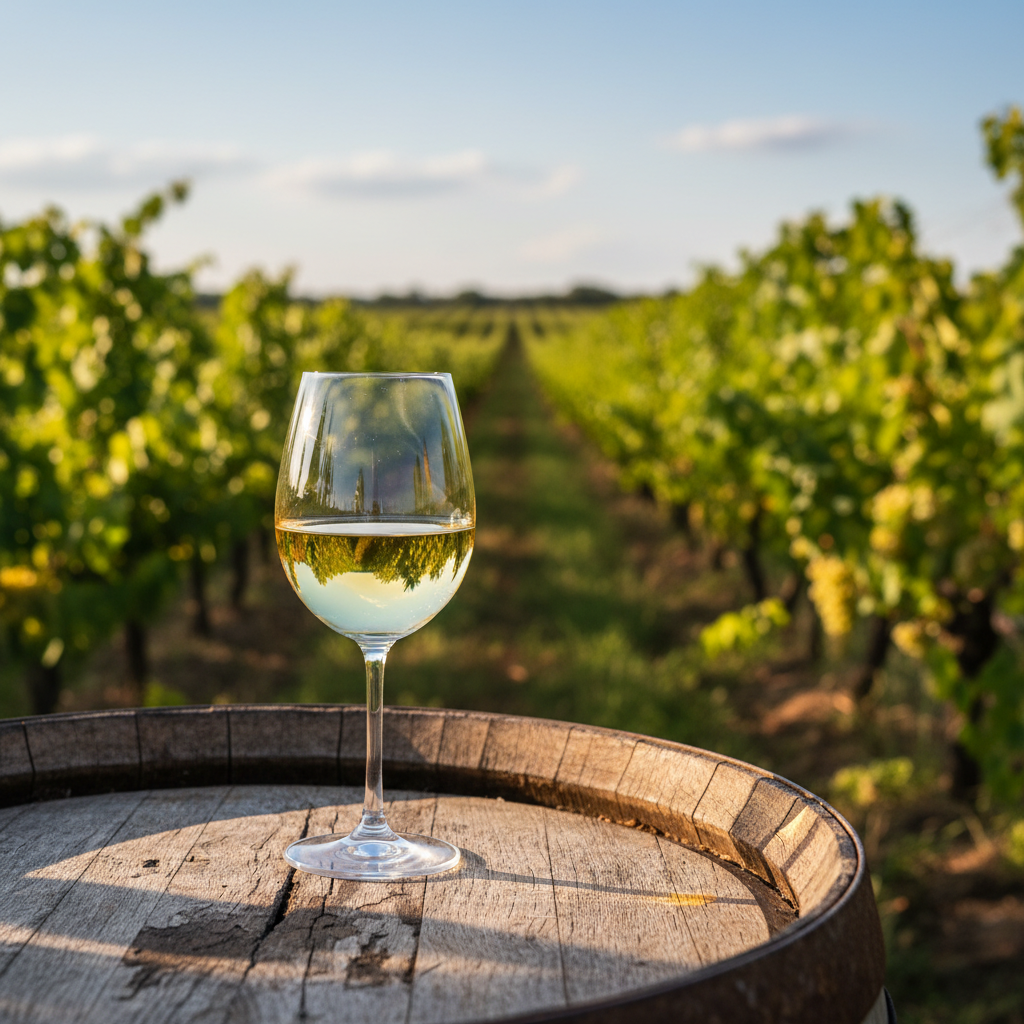 Taça de vinho elegante sobre um barril de carvalho, com um vinhedo ensolarado ao fundo, simbolizando a harmonização e a experiência gastronômica com Vinho Bacchus.